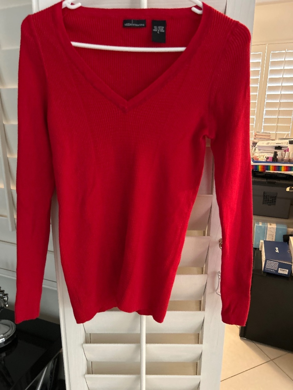 Bold red V neck waffle tee